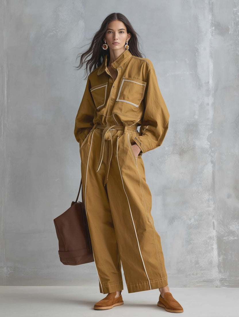 Effortless Cotton Canvas Oversized-Fit Caramel Cargo Jumpsuit