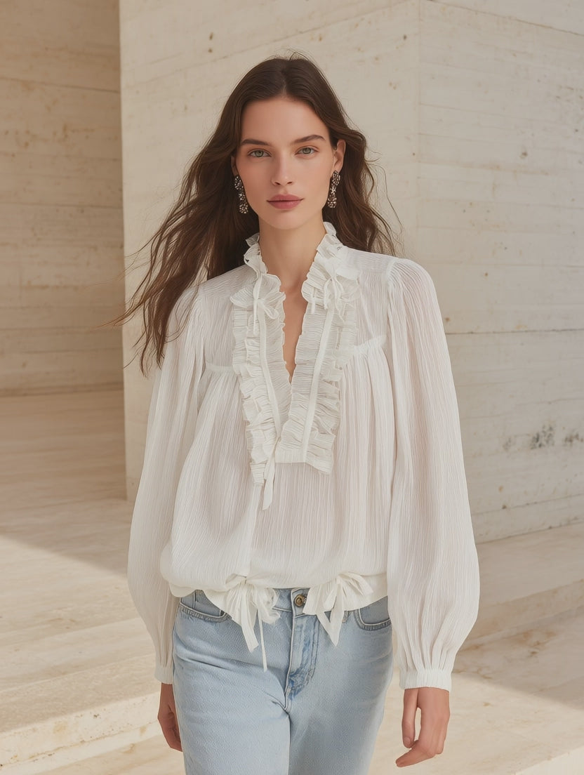 Women's V-Neck Ruffled Trim Lantern Sleeve Blouse with Tie Front