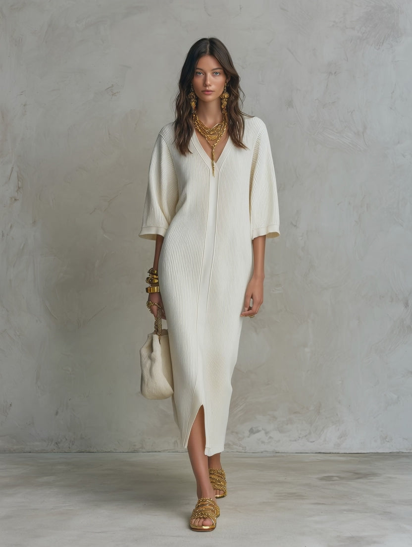 Ribbed Knit V-Neck With Batwing Sleeves Midi Dress
