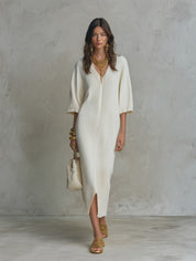 Ribbed Knit V-Neck With Batwing Sleeves Midi Dress