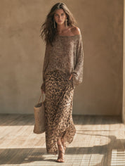 Effortless Chic Open-Knit Off-Shoulder Sweater & Leopard-Satin Brown Two-Piece Set