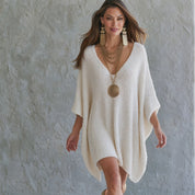 Effortless Chic Knit Deep-V Batwing Oversized Ivory Poncho Sweater