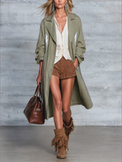 Women's Olive Green Long Trench Coat With Contrast Panel Detail Coat