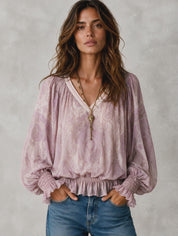 Women's Paisley Print V-Neck Blouson Sleeve Blouse With Smocked Cuffs Top