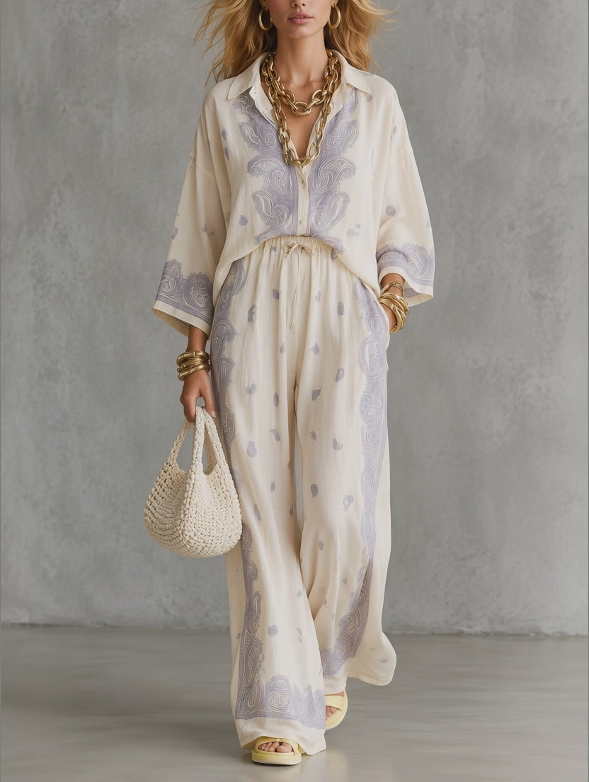 Resort Bohemian Paisley Shirt & Wide Leg Pants Set