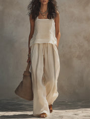 Boho Slub Linen Sleeveless Blouse & Lace-Trimmed Wide-Leg Pants Set