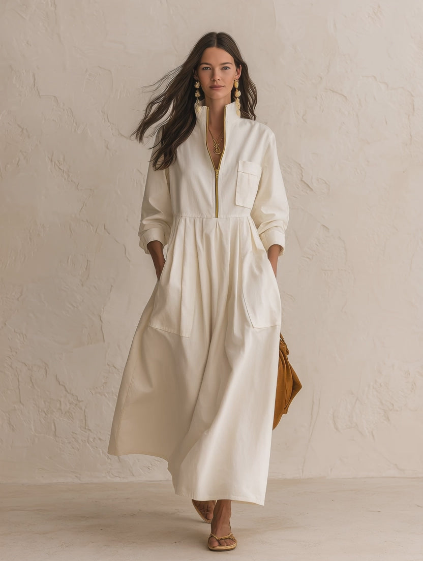 Women's Half-Zip Stand Collar Long Sleeve Pockets Maxi Dress
