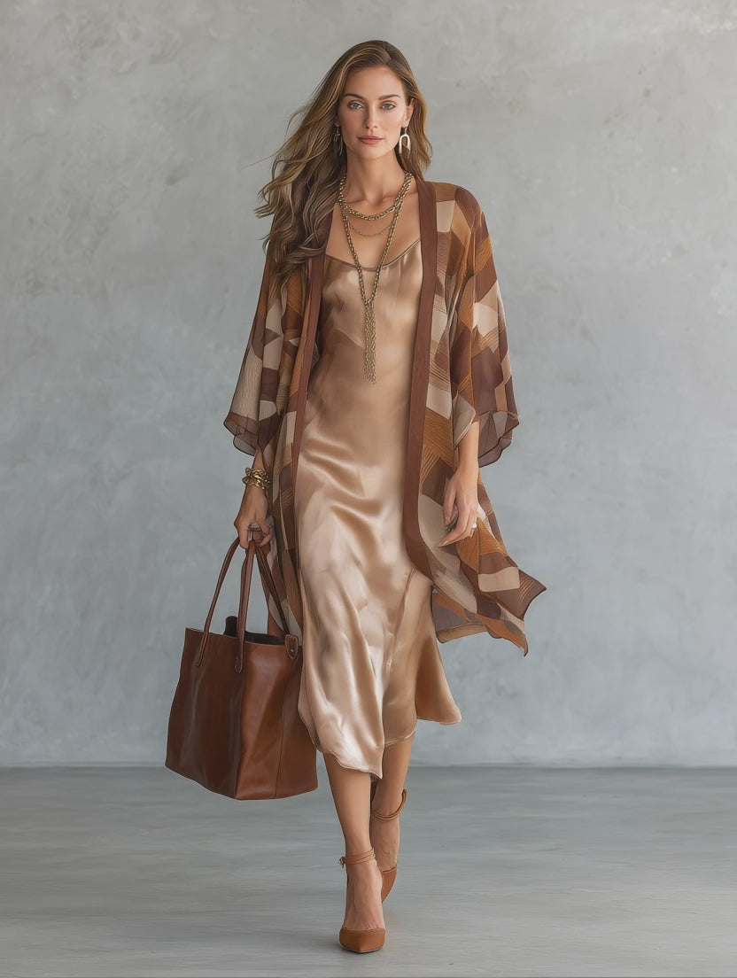 Geometric Print Kimono Cardigan with Satin Slip Dress Two-Piece Set