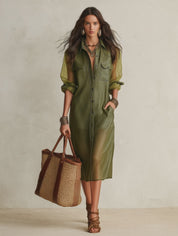 Sheer Olive Long-Sleeve Button-Front Shirt Midi Dress