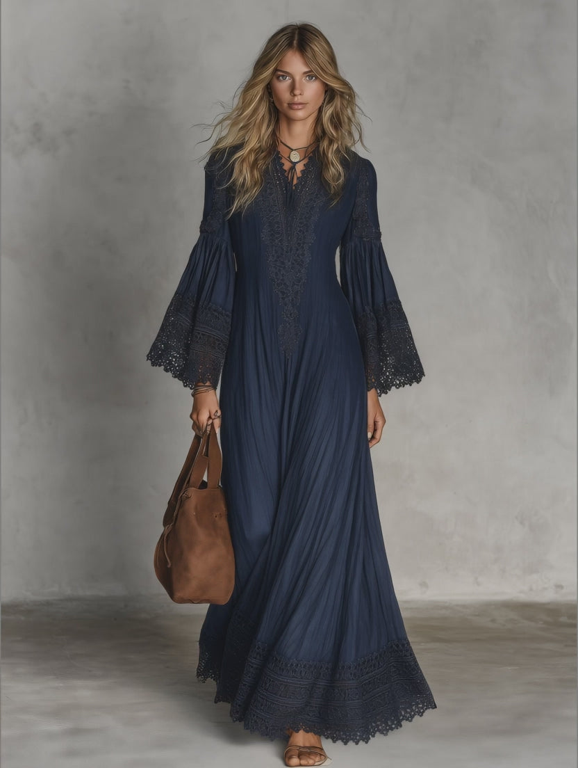 Bohemian Lace Trim Bell Sleeve Maxi Dress