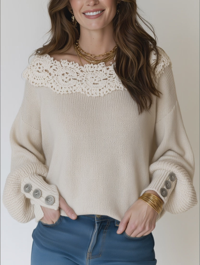 Women's Crochet Lace Trim Boat Neck Long Sleeve Sweater with Button Cuffs