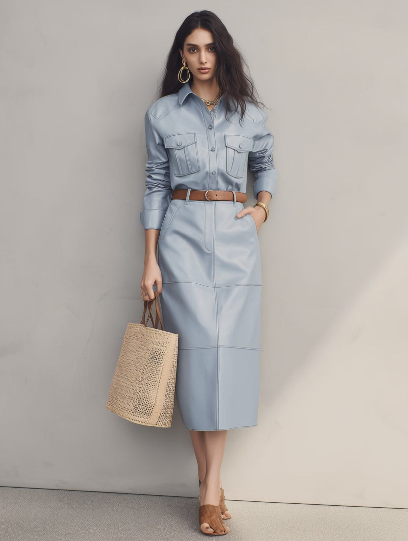 Modern Powder Blue Utility Shirt Midi Dress