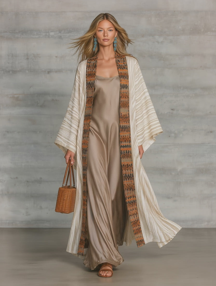 Boho Printed Kimono Cardigan with Satin Slip Maxi Dress Set