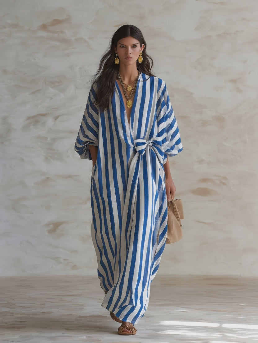 Chic Cotton Striped Wrap-Tie Loose Blue & White Kaftan Maxi Dress